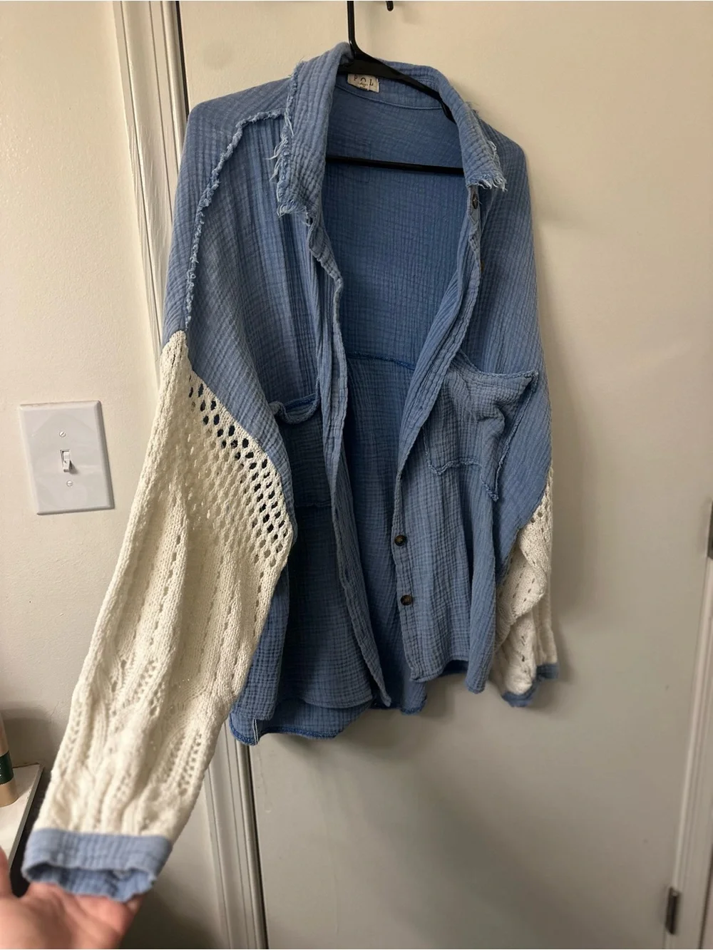 POL Clothing Blue Cotton Gauze Crochet Sleeve Button Up - Picture 8 of 8